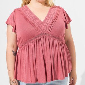 Torrid Mauve Knit V-Neck Lace Inset Babydoll Top